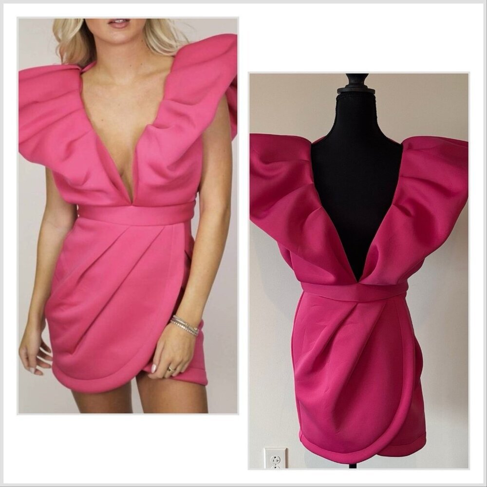 Mable V-neck Pink Dress Deep Plunge Puff Sleeve Size Large Event Coquette Preppy